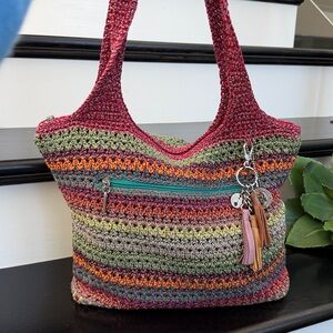 The Sak multicolor crochet shoulder handbag tote purse boho festival clean